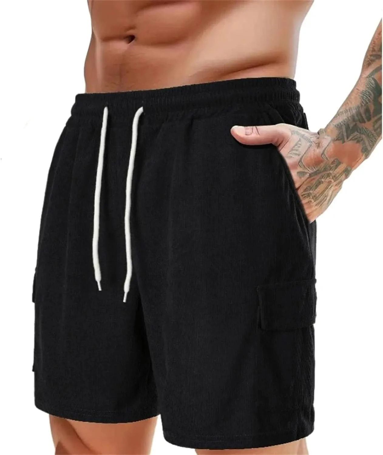 Men's Corduroy Shorts Breathable Beach Shorts with Pockets Drawstring Waist Gym Shorts Casual Sweatpants