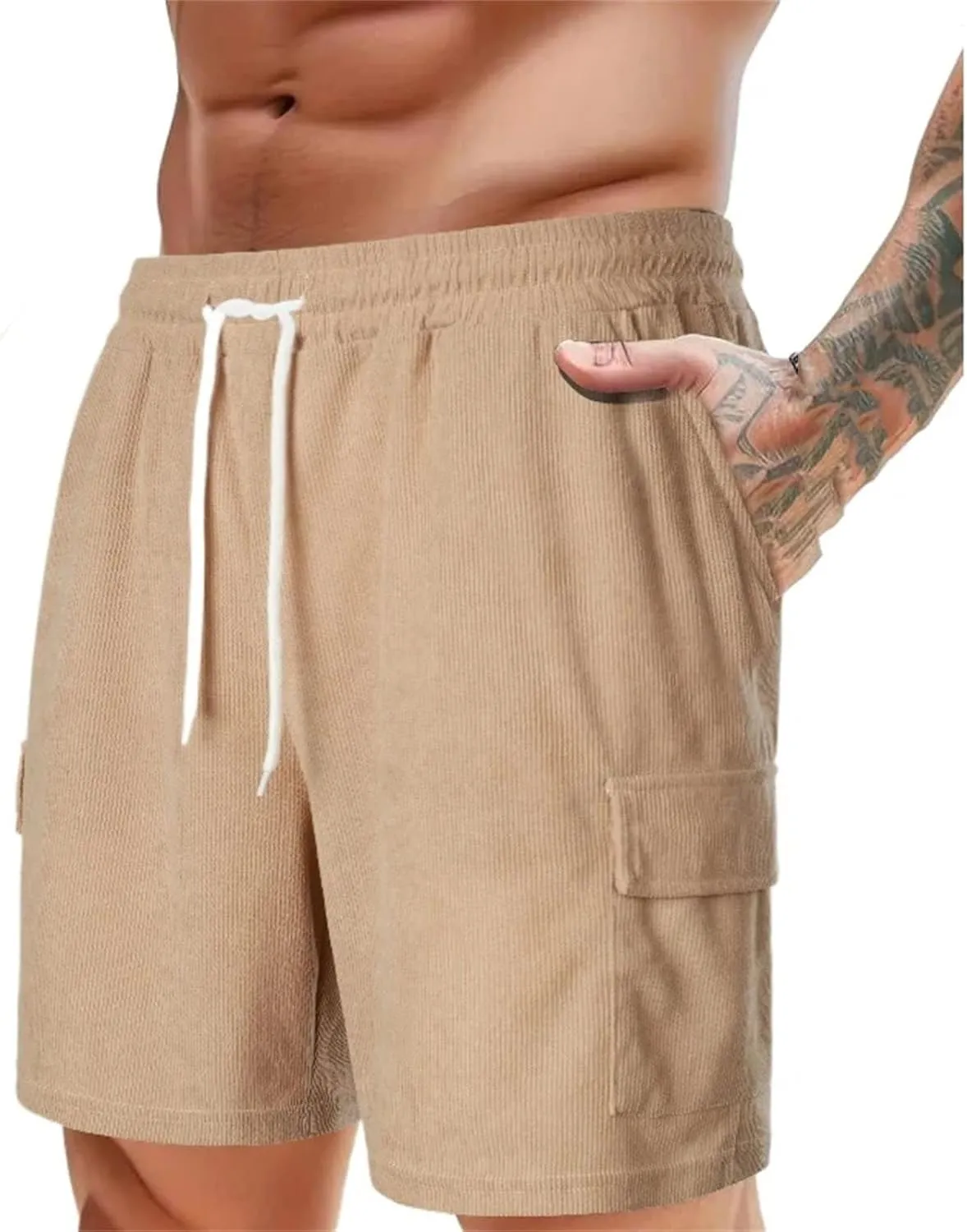 Men's Corduroy Shorts Breathable Beach Shorts with Pockets Drawstring Waist Gym Shorts Casual Sweatpants