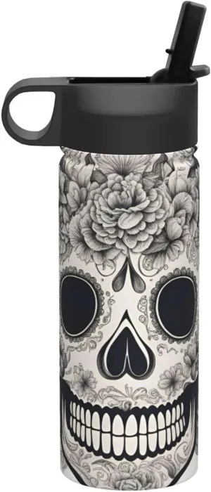 Mexican Skull Print Flask Stainless Steel Water Bottle with Straw 18OZ FOR Outdoor Gym Commute