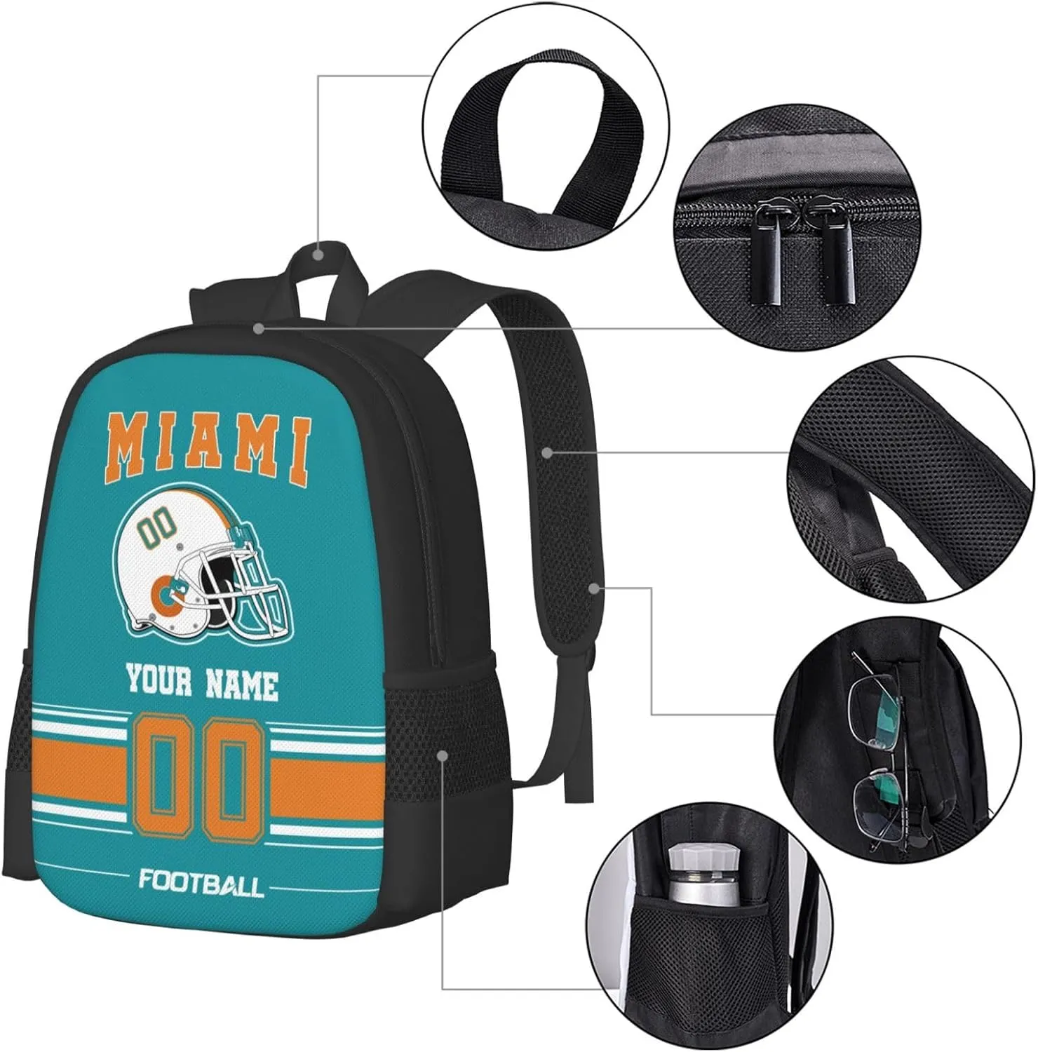 Miami Shoulder Backpack for Men Kids, Personalized High Capacity School Backpacks with Name Number Daily Use Laptop Bag Travel Bag