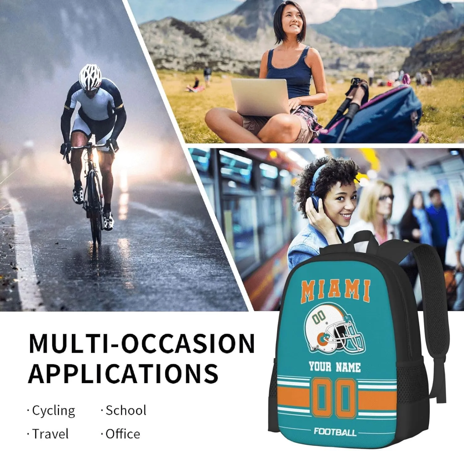 Miami Shoulder Backpack for Men Kids, Personalized High Capacity School Backpacks with Name Number Daily Use Laptop Bag Travel Bag