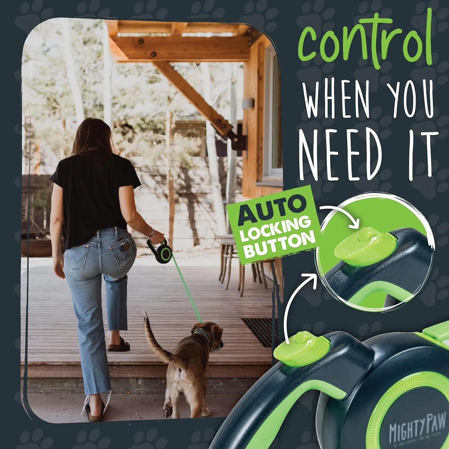 Mighty Paw Retractable Dog Leash 2.0 - Auto-Locking Button for The Control When You Need - Stainless Steel Coil for Smooth Retraction - Super Reflective Ring for Nighttime Visibility - No More Tangle
