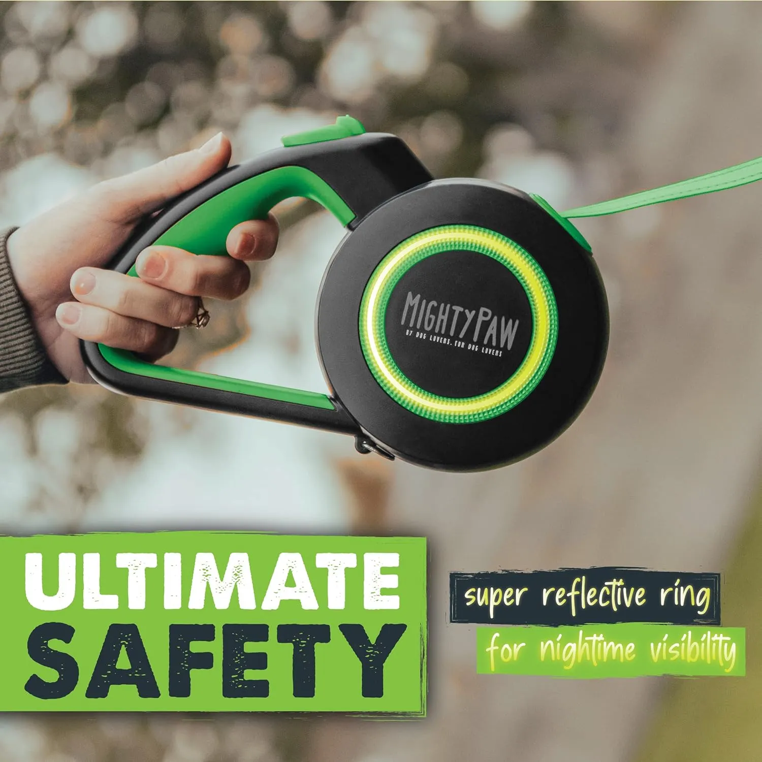 Mighty Paw Retractable Dog Leash 2.0 - Auto-Locking Button for The Control When You Need - Stainless Steel Coil for Smooth Retraction - Super Reflective Ring for Nighttime Visibility - No More Tangle