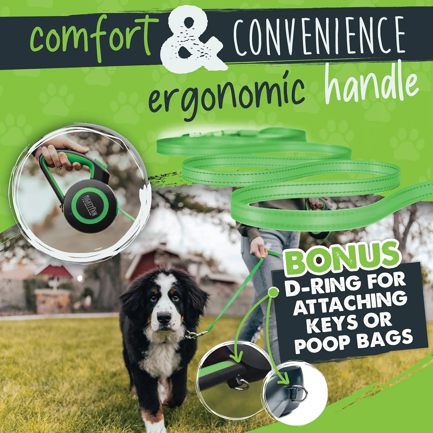 Mighty Paw Retractable Dog Leash 2.0 - Auto-Locking Button for The Control When You Need - Stainless Steel Coil for Smooth Retraction - Super Reflective Ring for Nighttime Visibility - No More Tangle