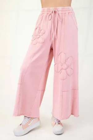 Mineral Washed Terry Knit Pants With Flower Patches In Dried Rose