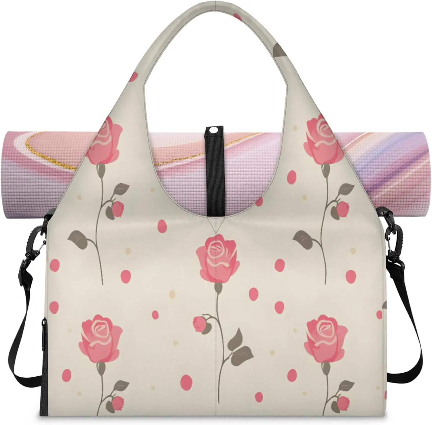 Minimalist Rose Women's Yoga Gym Bag - Adjustable shoulder strap with shoe compartment, large gym bag with multiple pockets for yoga mat, gym equipment and travel accessories