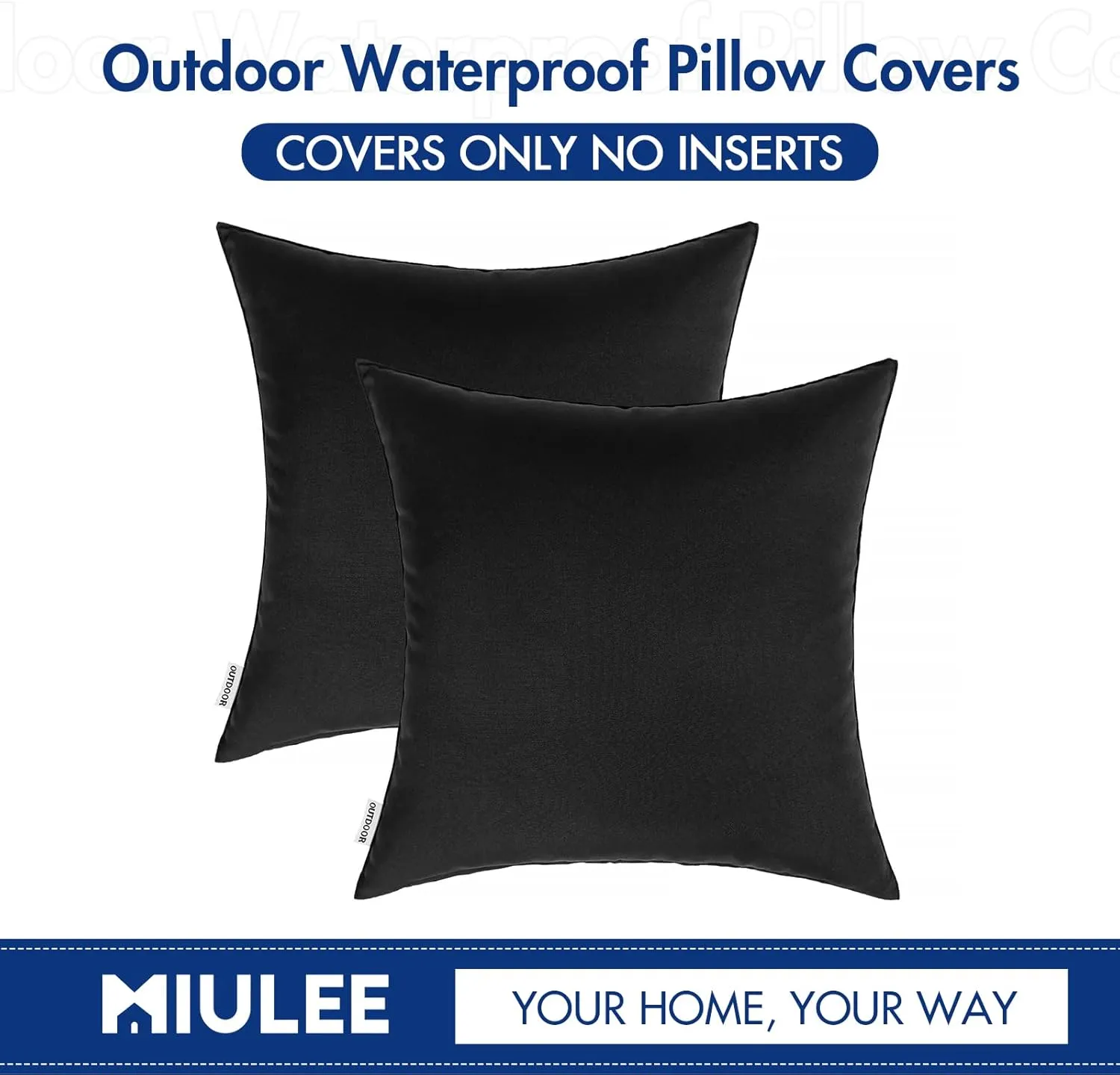 MIULEE Pack of 2 Decorative Outdoor Waterproof Pillow Covers Square Garden Cushion Sham Throw Pillowcase Shell for Spring Patio Tent Couch 20x20 Inch Black