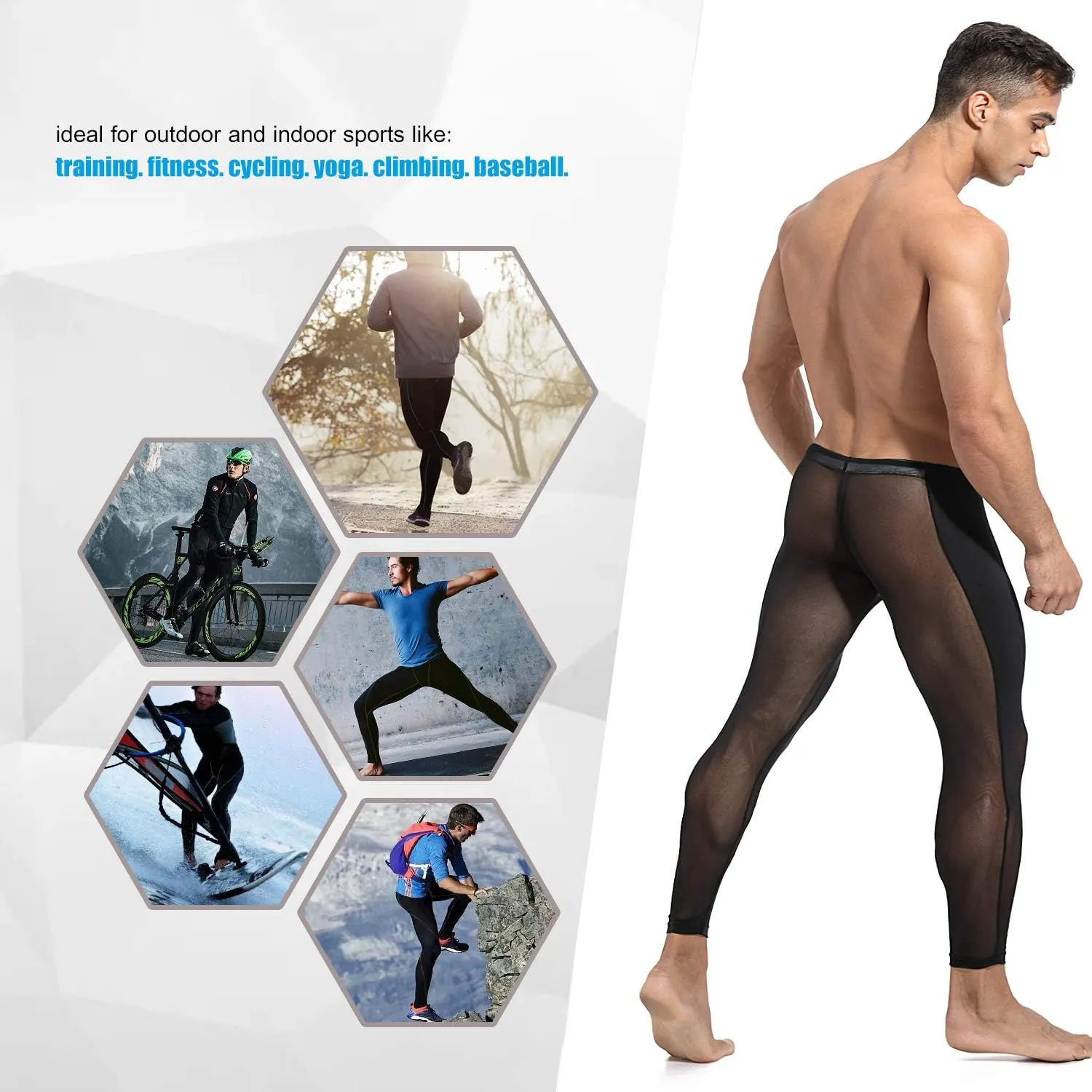 MIZOK Men's Mesh Yoga Pants See Through Compression Tights Workout Leggings