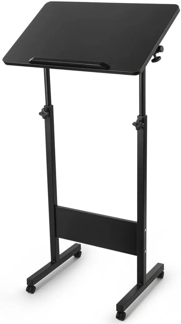 Mobile Podium, Adjustable Standing Desk with Caster Wheels, Adjustable Height 360° Swivel Desktop, Versatile Podium Laptop Desk Stand Up Desk Easel Presentation Lectern (Black)