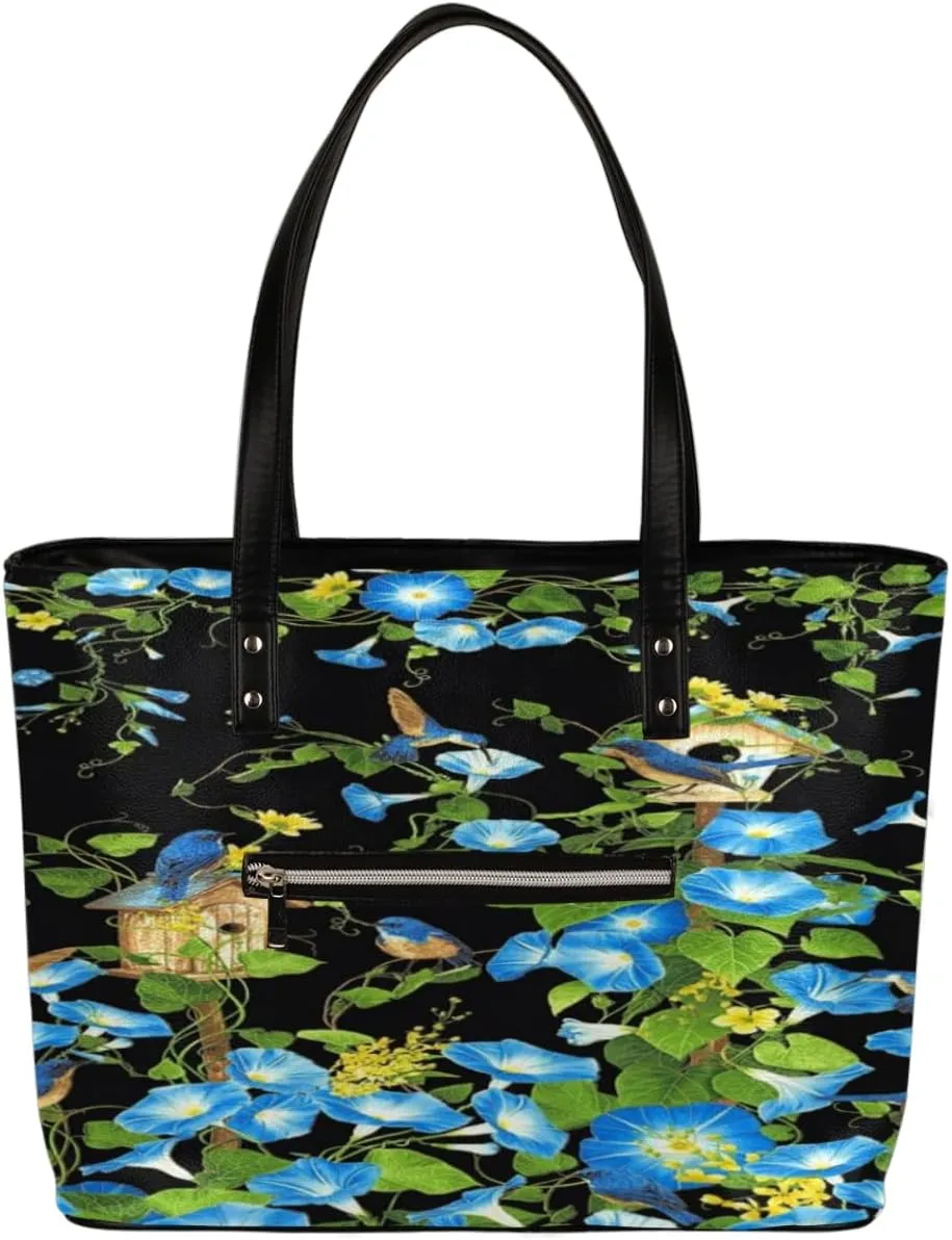 Morning Glory Bird Tote Bag Women Shoulder Handbags PU Leather Everyday Bag with External Pocket Large Capacity Aesthetic Corduroy Tote Bag for Travel Work Party