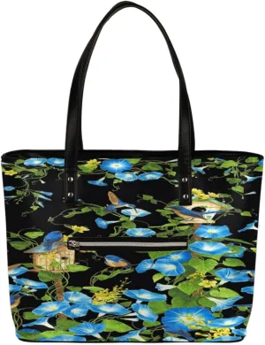Morning Glory Bird Tote Bag Women Shoulder Handbags PU Leather Everyday Bag with External Pocket Large Capacity Aesthetic Corduroy Tote Bag for Travel Work Party