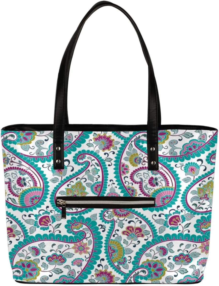 Motif Paisley Pattern Tote Bag Women Shoulder Handbags PU Leather Everyday Bag with External Pocket Large Capacity Aesthetic Corduroy Tote Bag for Travel Work Party