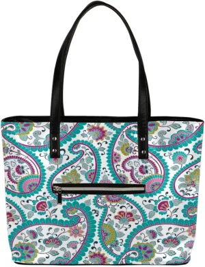 Motif Paisley Pattern Tote Bag Women Shoulder Handbags PU Leather Everyday Bag with External Pocket Large Capacity Aesthetic Corduroy Tote Bag for Travel Work Party