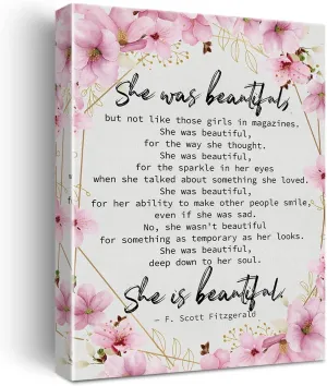 Motivational F Scott Fitzgerald Quote Wall Art Decor She Was Beautiful Canvas Print Inspirational Framed Painting for Kids Teen Home Wall & Tabletop Decor