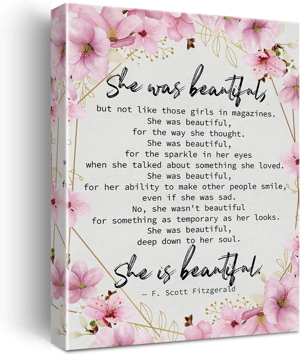 Motivational F Scott Fitzgerald Quote Wall Art Decor She Was Beautiful Canvas Print Inspirational Framed Painting for Kids Teen Home Wall & Tabletop Decor