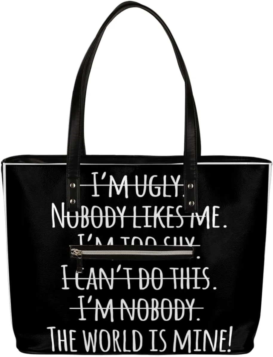 Motivational Quotation Tote Bag Women Shoulder Handbags PU Leather Everyday Bag with External Pocket Large Capacity Aesthetic Corduroy Tote Bag for Travel Work Party
