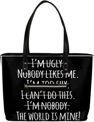 Motivational Quotation Tote Bag Women Shoulder Handbags PU Leather Everyday Bag with External Pocket Large Capacity Aesthetic Corduroy Tote Bag for Travel Work Party