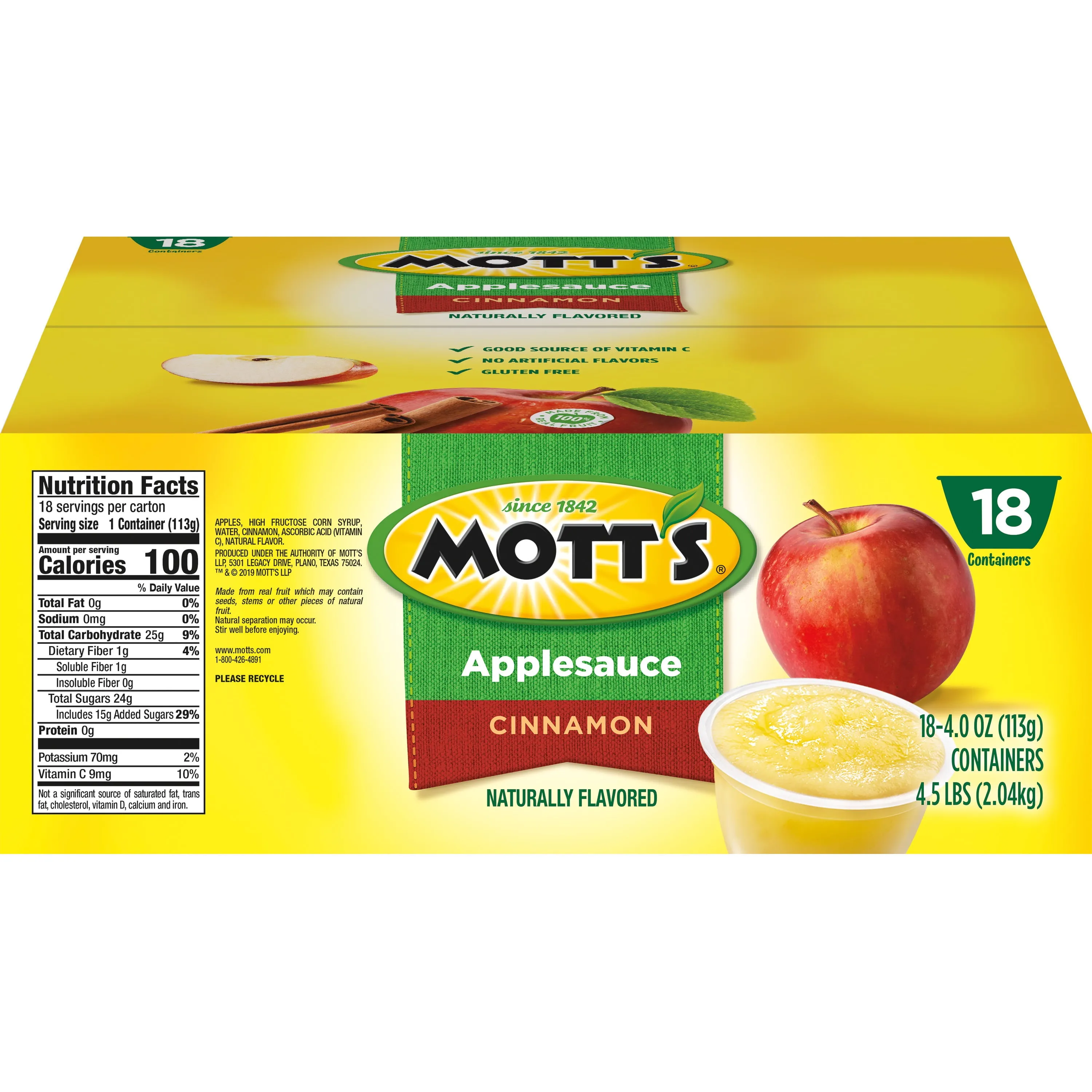 Mott's Cinnamon Applesauce,4 Oz Cups18 Count, No Artificial Flavors New