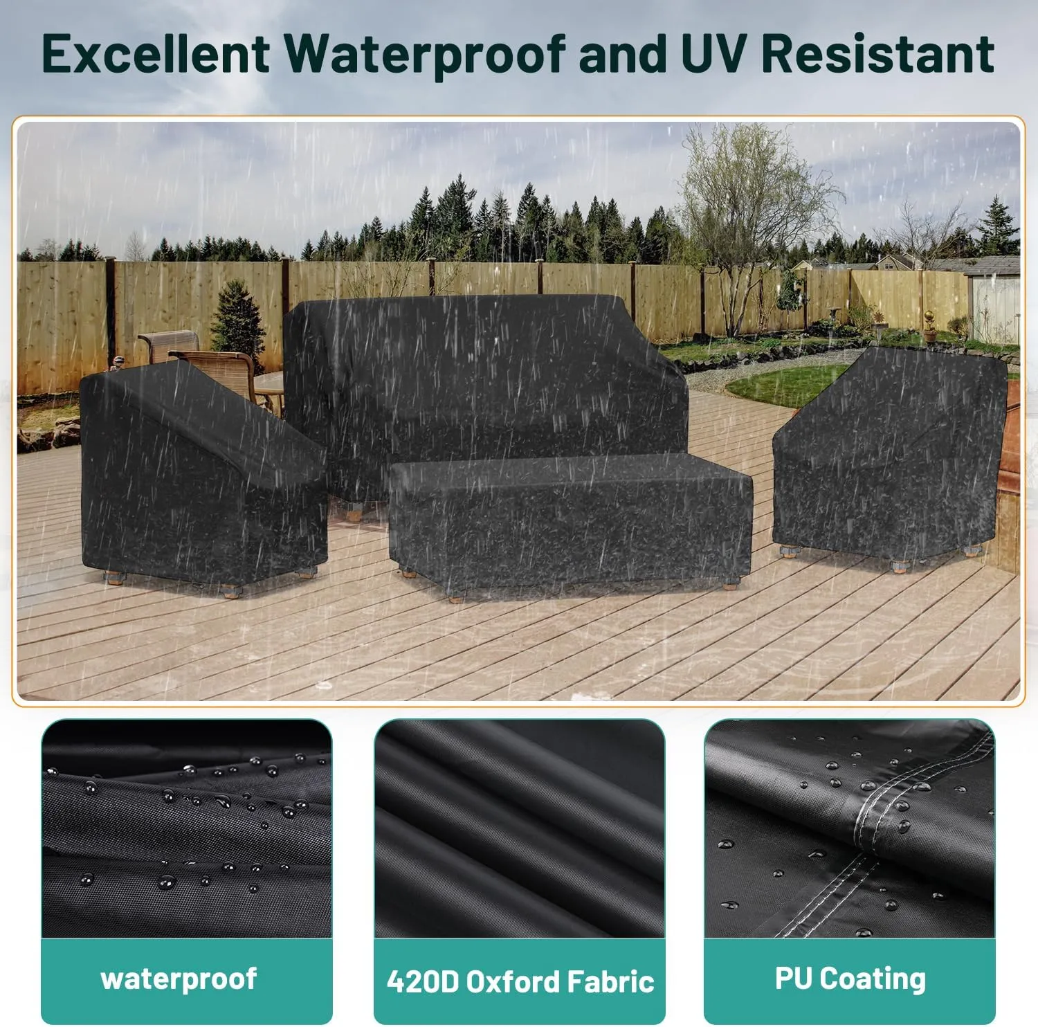 Mrrihand Patio Furniture Covers, 4 Piece Outdoor Furniture Cover Waterproof includ Ourdoor Sofa Cover, 2 Chair Covers, Coffee Table Cover with Windproof Buckle Strap and Adjustable Drawstring-Black