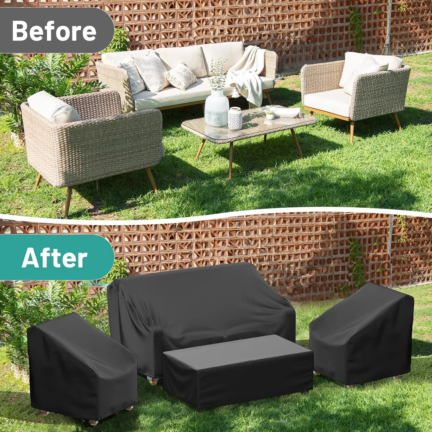 Mrrihand Patio Furniture Covers, 4 Piece Outdoor Furniture Cover Waterproof includ Ourdoor Sofa Cover, 2 Chair Covers, Coffee Table Cover with Windproof Buckle Strap and Adjustable Drawstring-Black