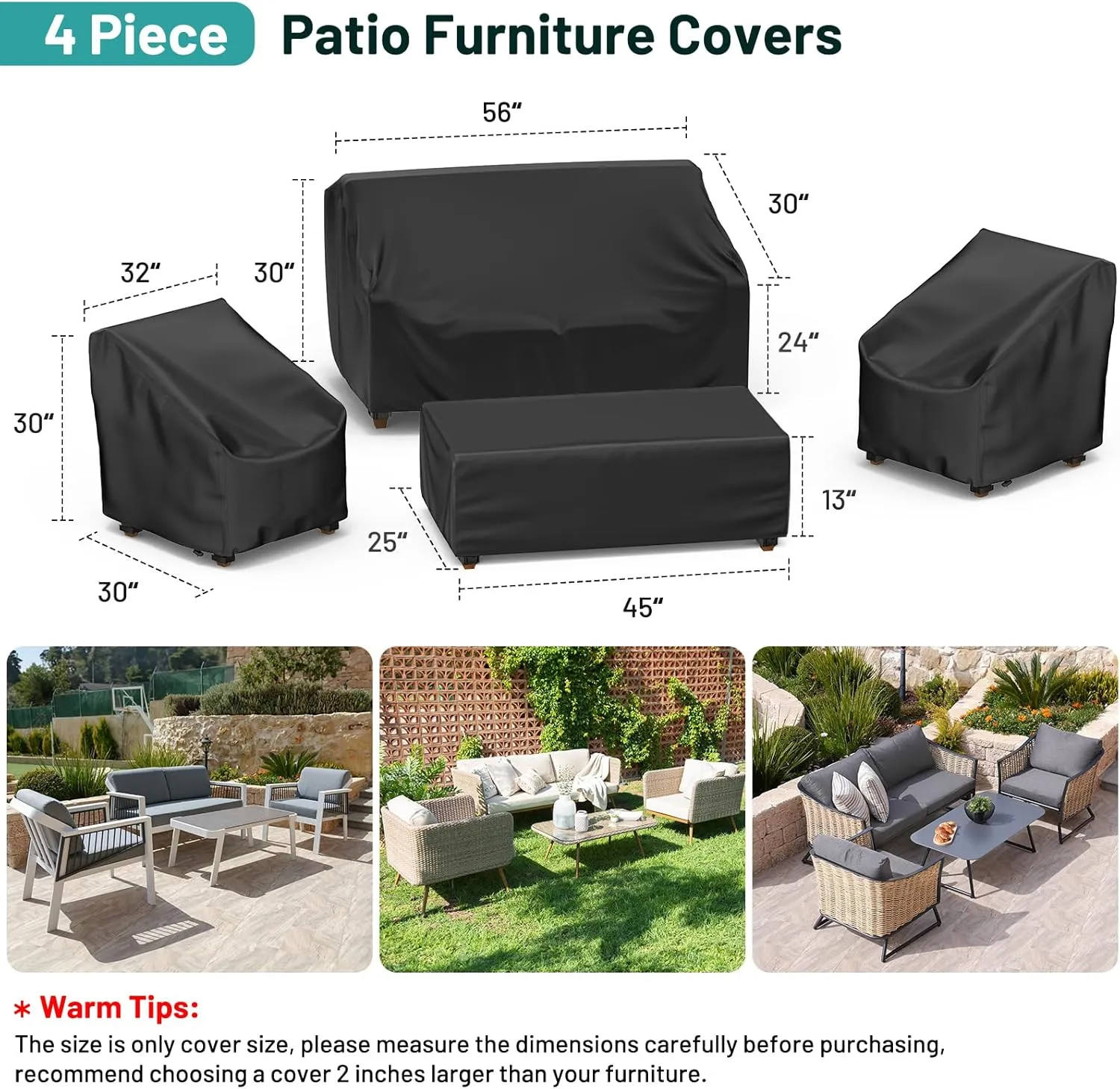 Mrrihand Patio Furniture Covers, 4 Piece Outdoor Furniture Cover Waterproof includ Ourdoor Sofa Cover, 2 Chair Covers, Coffee Table Cover with Windproof Buckle Strap and Adjustable Drawstring-Black