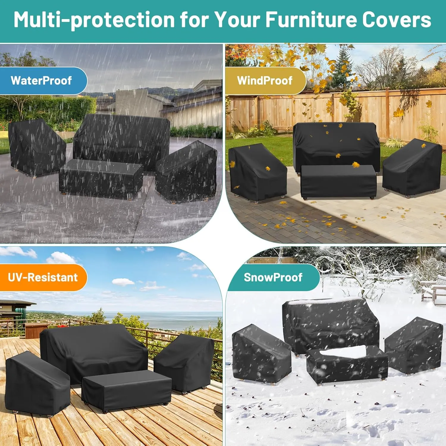 Mrrihand Patio Furniture Covers, 4 Piece Outdoor Furniture Cover Waterproof includ Ourdoor Sofa Cover, 2 Chair Covers, Coffee Table Cover with Windproof Buckle Strap and Adjustable Drawstring-Black