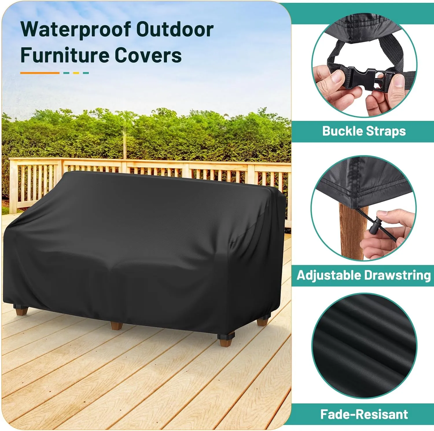 Mrrihand Patio Furniture Covers, 4 Piece Outdoor Furniture Cover Waterproof includ Ourdoor Sofa Cover, 2 Chair Covers, Coffee Table Cover with Windproof Buckle Strap and Adjustable Drawstring-Black