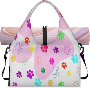 Multi colored dog footprints Women's Yoga Gym Bag - Adjustable shoulder strap with shoe compartment, large gym bag with multiple pockets for yoga mat, gym equipment and travel accessories
