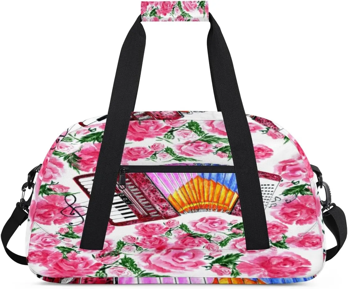 Music Accordion Flower Kids Overnighted Duffel Bag Carry-On Size & Ideal for School Practice or Weekender Travel with Zip and Shoulder Stra for Boys & Girls