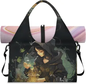 Mysterious Witch Women's Yoga Gym Bag - Adjustable shoulder strap with shoe compartment, large gym bag with multiple pockets for yoga mat, gym equipment and travel accessories