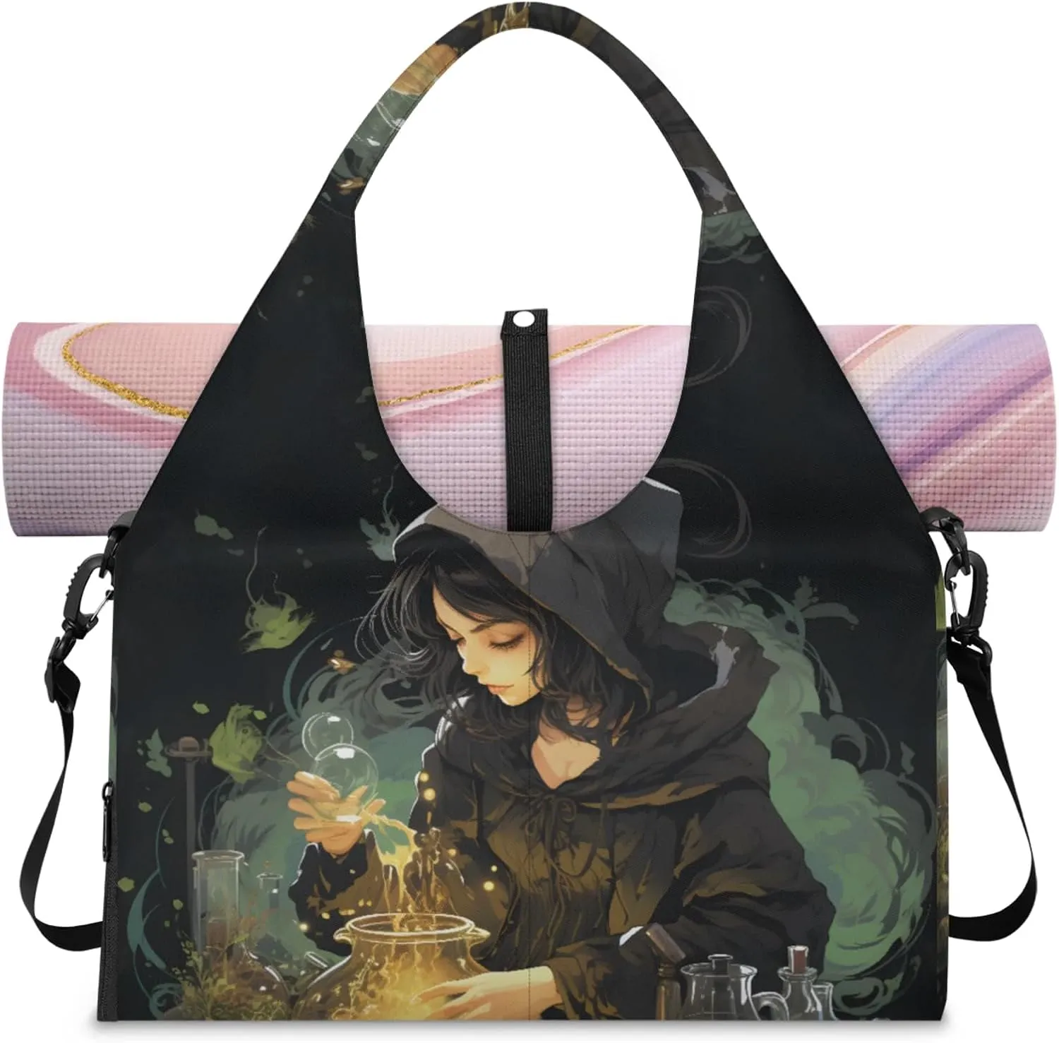 Mysterious Witch Women's Yoga Gym Bag - Adjustable shoulder strap with shoe compartment, large gym bag with multiple pockets for yoga mat, gym equipment and travel accessories