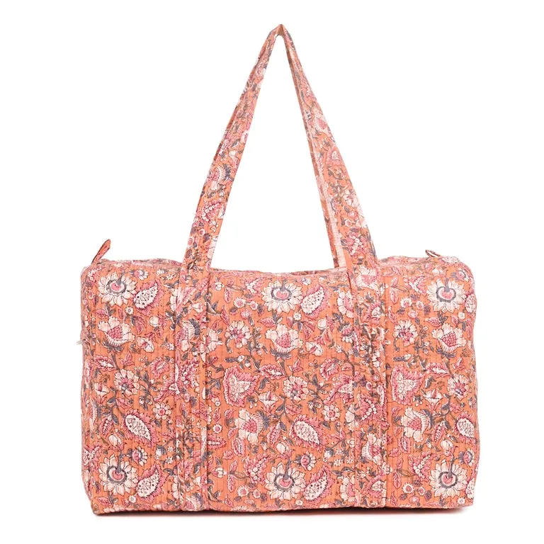 NARGIS HAND BLOCK PRINTED QUILTED TRAVEL DUFFLE BAG BIG