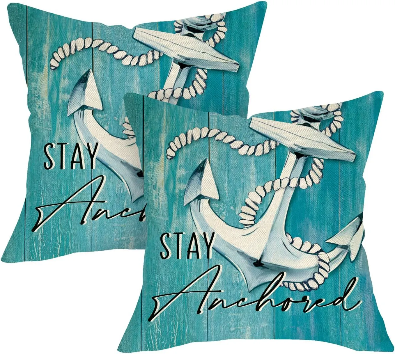Nautical Anchor Blue Decorative Throw Pillow Covers 18 x 18 Set of 2, Coastal Stay Anchored Navigation Voyage Porch Outdoor Home Decor, Beach Farmhouse Sea Ocean Cruise Lover Couch Cushion Case