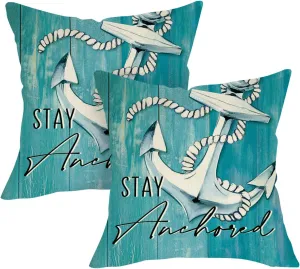 Nautical Anchor Blue Decorative Throw Pillow Covers 18 x 18 Set of 2, Coastal Stay Anchored Navigation Voyage Porch Outdoor Home Decor, Beach Farmhouse Sea Ocean Cruise Lover Couch Cushion Case