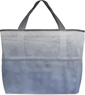 Navy Blue Ombre Beach Tote Bag for Women, Grey Gradient Color Modern Abstract Art Mesh Beach Bags Waterproof Sandproof, Outdoor Picnic Swim Pool Handbag - Large Beach Bag with Zipper and Pockets