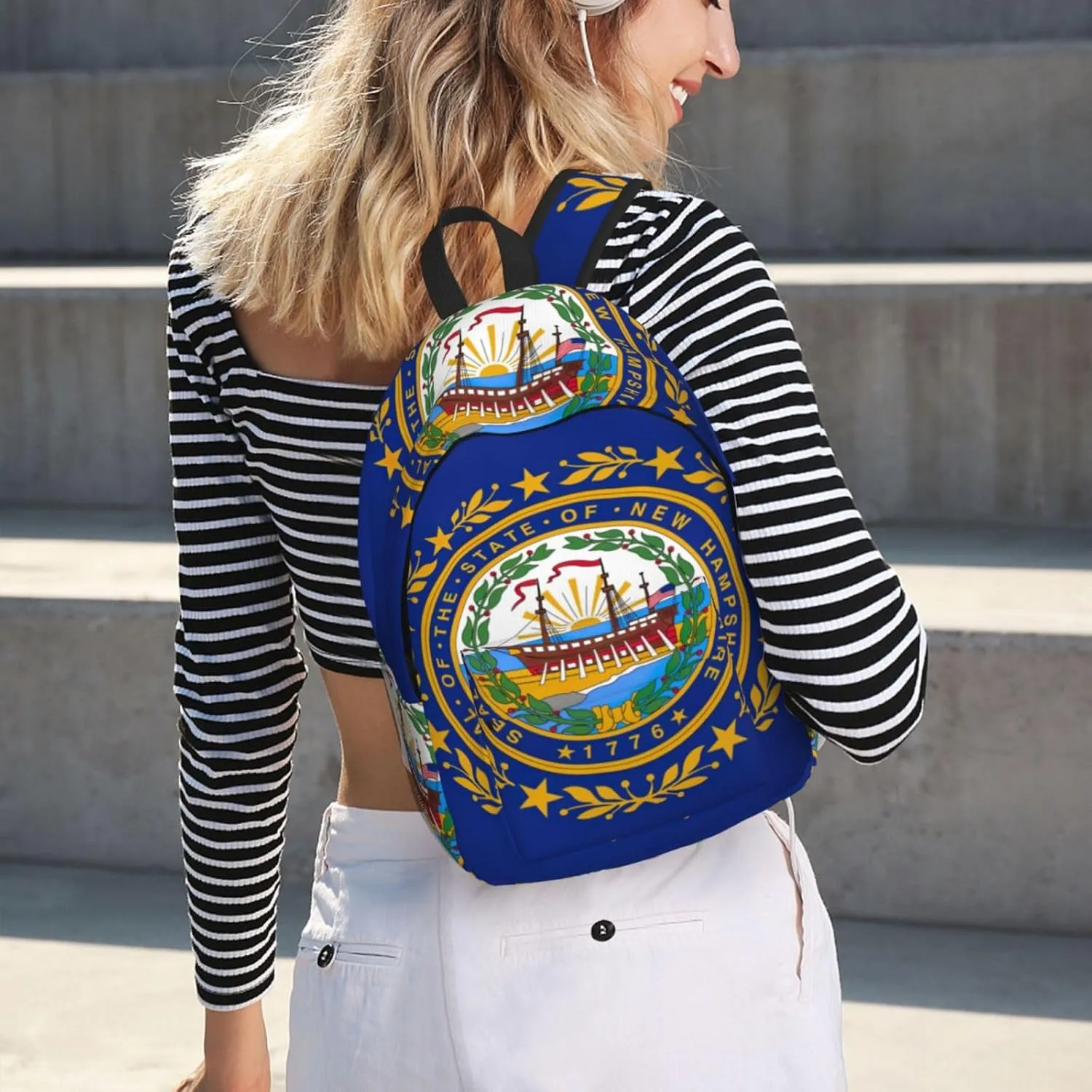New Hampshire State Flag Print Canvas Backpack,For Laptops Up To 17in,Stylish And Lightweight With Adjustable Straps