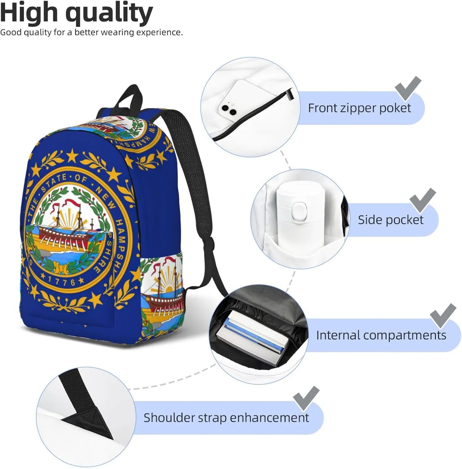 New Hampshire State Flag Print Canvas Backpack,For Laptops Up To 17in,Stylish And Lightweight With Adjustable Straps