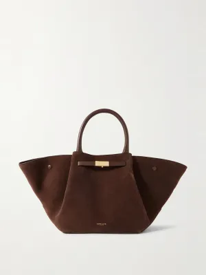 New York midi leather-trimmed suede tote
