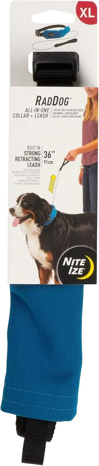 Nite Ize Raddog All-in-One Collar & Leash Combo - Heavy-Duty Dog Collar with Built-in Retractable Leash - 20" to 25" - Blue, X-Large