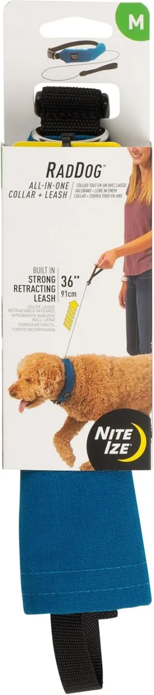 Nite Ize Raddog All-in-One Collar and Leash Combo - Heavy-Duty Dog Collar with Built-in Retractable Leash - 16" to 18" Collar - Blue, Medium