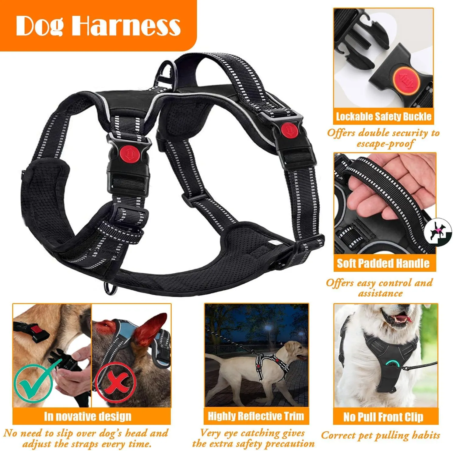 No Pull Dog Harness, Collar & Leash Set | Includes Dog Seat Belt, Collapsible Bowls & Poop Bag Dispenser. Ideal for Training, Walking, Hiking. Fits Small to Large Dogs(Orange-M)
