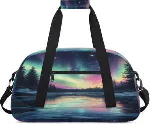 Northern Lights Forest Sports Duffle Gym Bags for Men or Women, Northern Lights Aurora Lightweight Carry On Overnight Weekender Bag for Travel Workout