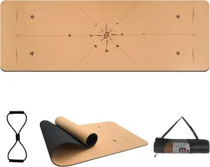 Numat Cork Yoga Mat 6mm (1/4 inch) Thick 72 x 24 in, Sweatproof NonSlip Eco-friendly, Lightweight TPE foam with Alignment Lines, Great for Hot Yoga, Pilates, Gym and Exercise, Black Carrying Bag w. Strap Included