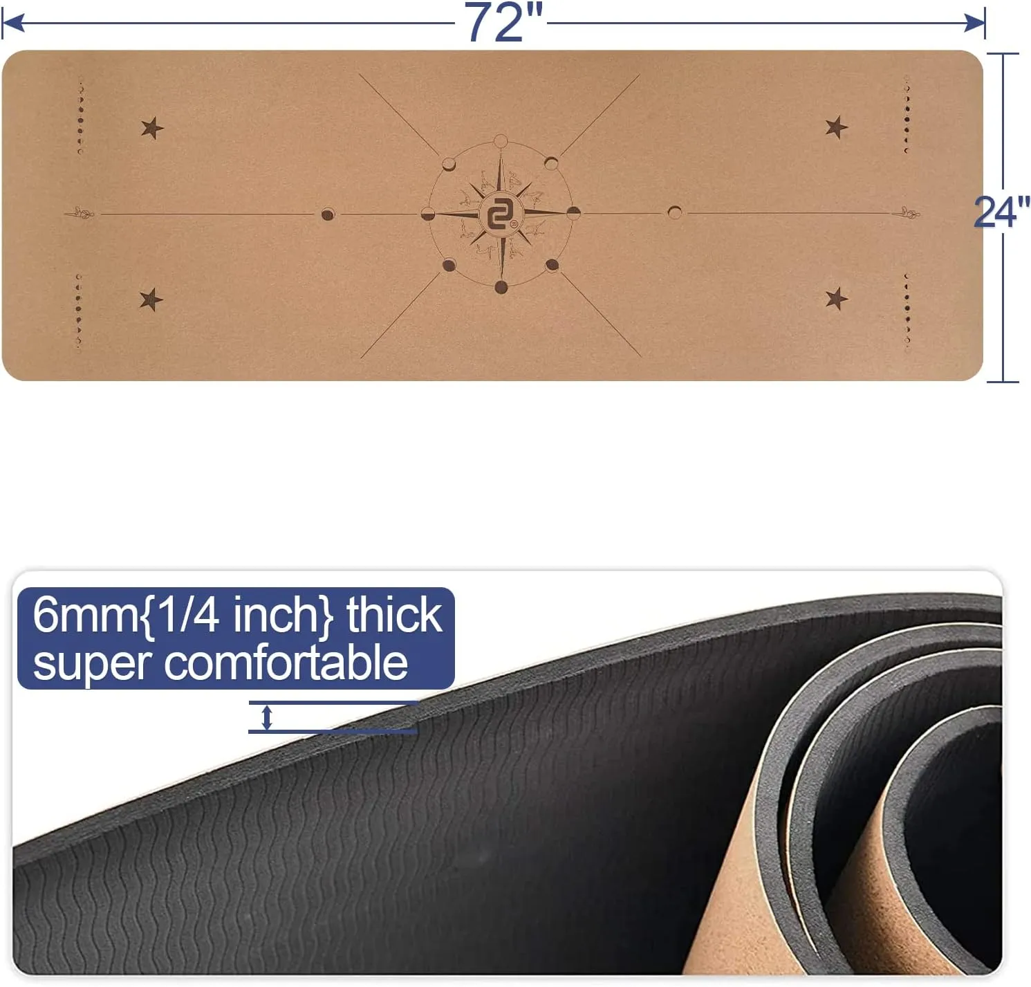 Numat Cork Yoga Mat 6mm (1/4 inch) Thick 72 x 24 in, Sweatproof NonSlip Eco-friendly, Lightweight TPE foam with Alignment Lines, Great for Hot Yoga, Pilates, Gym and Exercise, Black Carrying Bag w. Strap Included