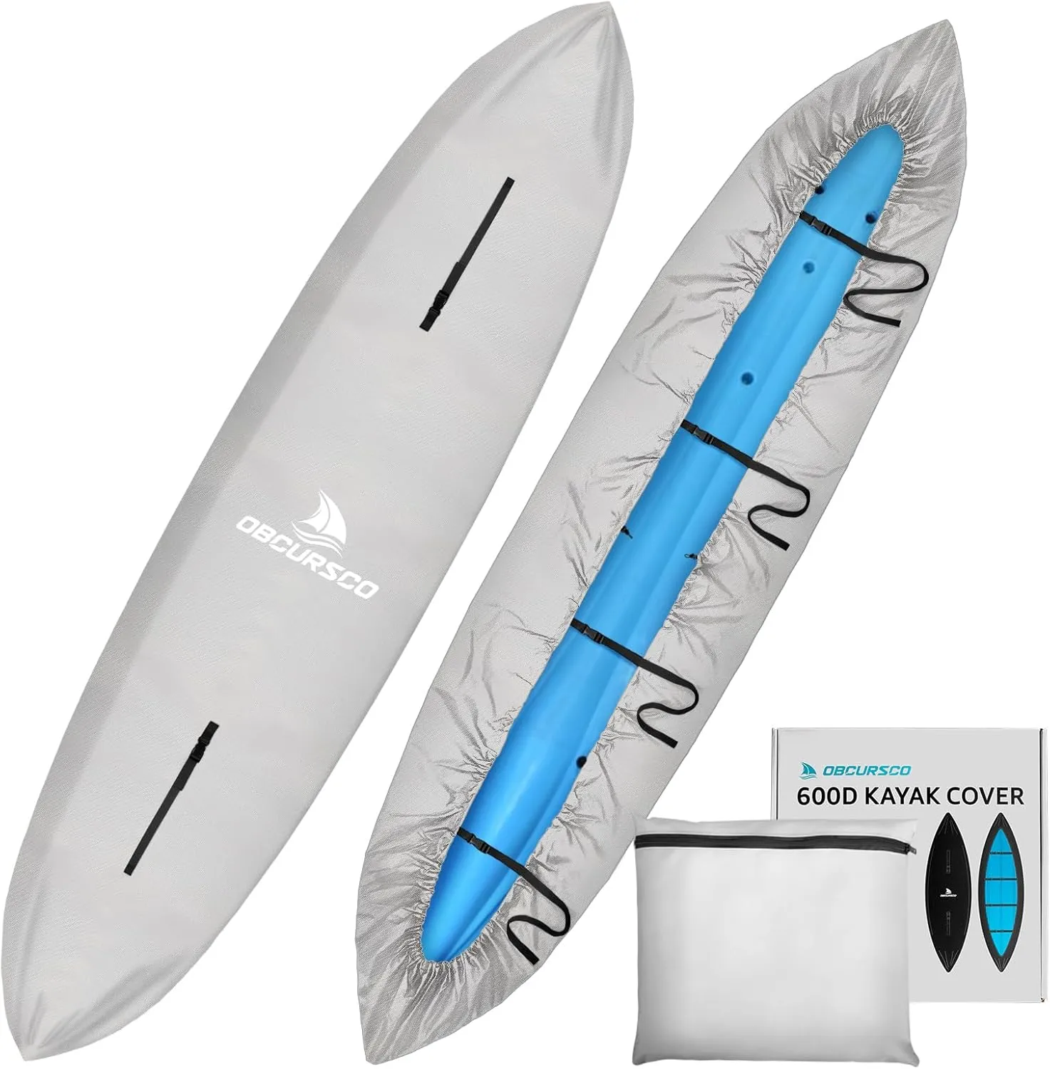 Obcursco 600D Kayak Cover Waterproof, 9.3-16.5FT Thickened UV-Proof, Tear and Fade Resistant Canoe Cover, Kayak Covers for Outdoor and Indoor Storage, Perfect as Kayak Accessories for SUP Paddle Board