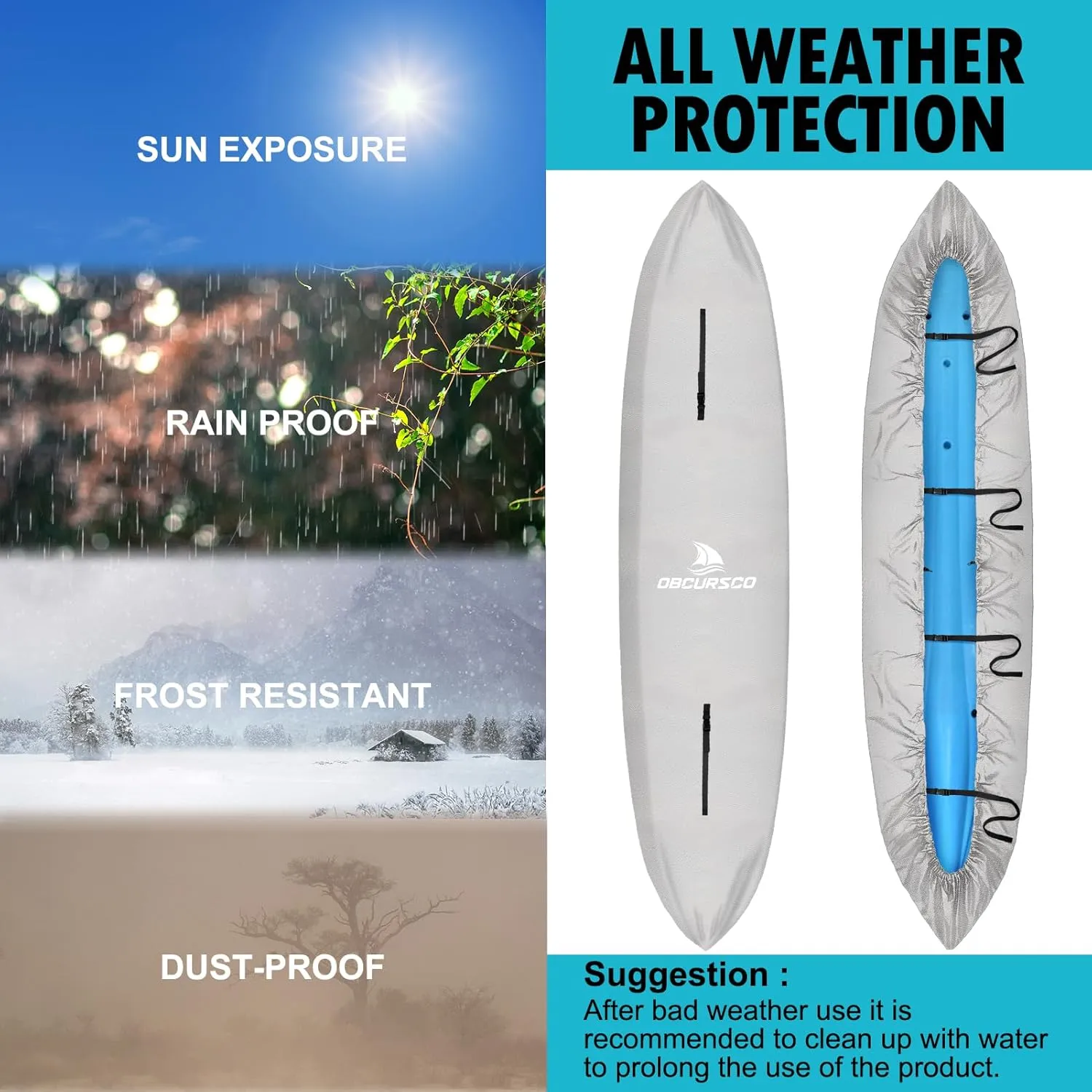 Obcursco 600D Kayak Cover Waterproof, 9.3-16.5FT Thickened UV-Proof, Tear and Fade Resistant Canoe Cover, Kayak Covers for Outdoor and Indoor Storage, Perfect as Kayak Accessories for SUP Paddle Board