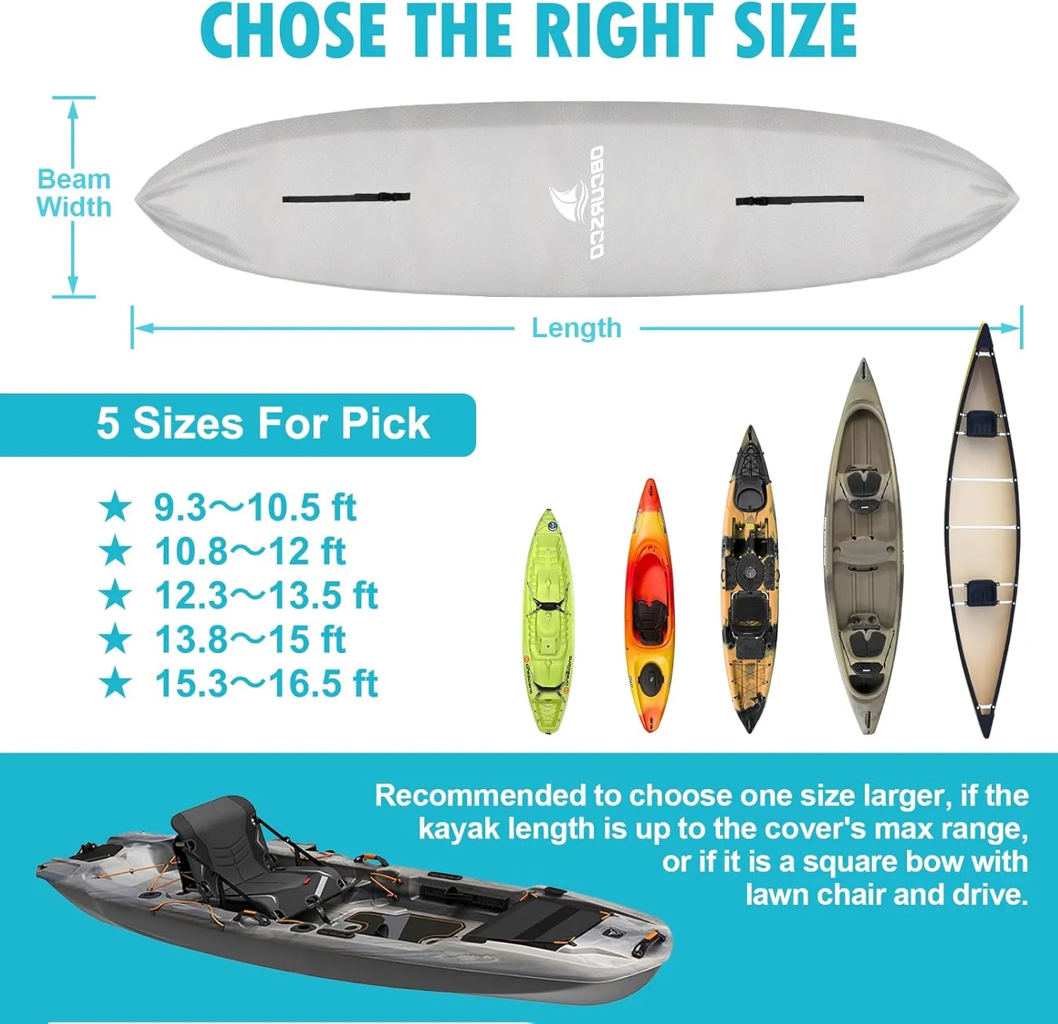 Obcursco 600D Kayak Cover Waterproof, 9.3-16.5FT Thickened UV-Proof, Tear and Fade Resistant Canoe Cover, Kayak Covers for Outdoor and Indoor Storage, Perfect as Kayak Accessories for SUP Paddle Board