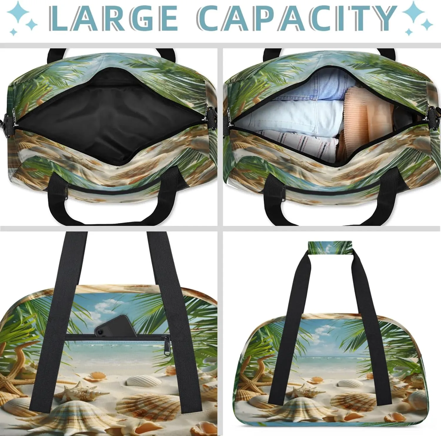 Ocean Beach Seashell Palm Tree Small Gym Bag 18 inch Carry On Duffel Bag for Weekender Travel Sports Workout Yoga Gymnastics Dance Ballet