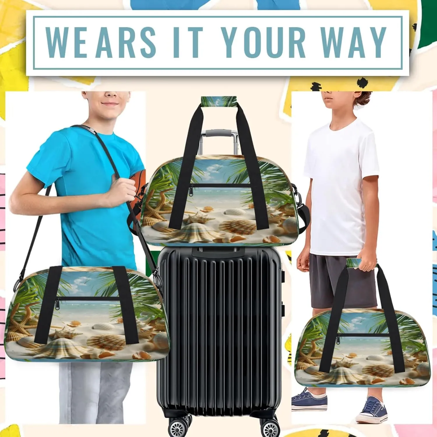 Ocean Beach Seashell Palm Tree Small Gym Bag 18 inch Carry On Duffel Bag for Weekender Travel Sports Workout Yoga Gymnastics Dance Ballet