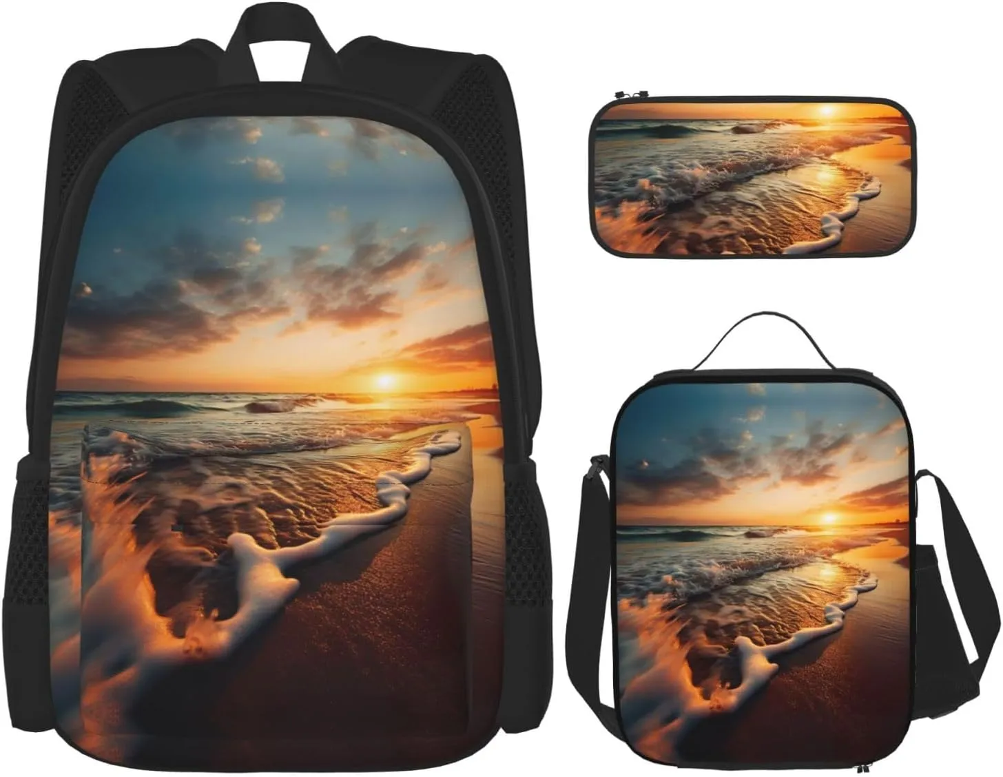 Ocean Tide Print Stylish Travel Backpack And Lunch Box Set,600d Oxford Fabric,With Insulated Lunch Bag